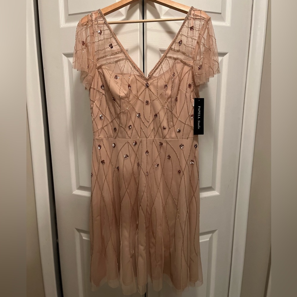 NWT! Adrianna Papell Women's Rose Blush Beaded Fit and Flare Dress. size 12 - Picture 3 of 4